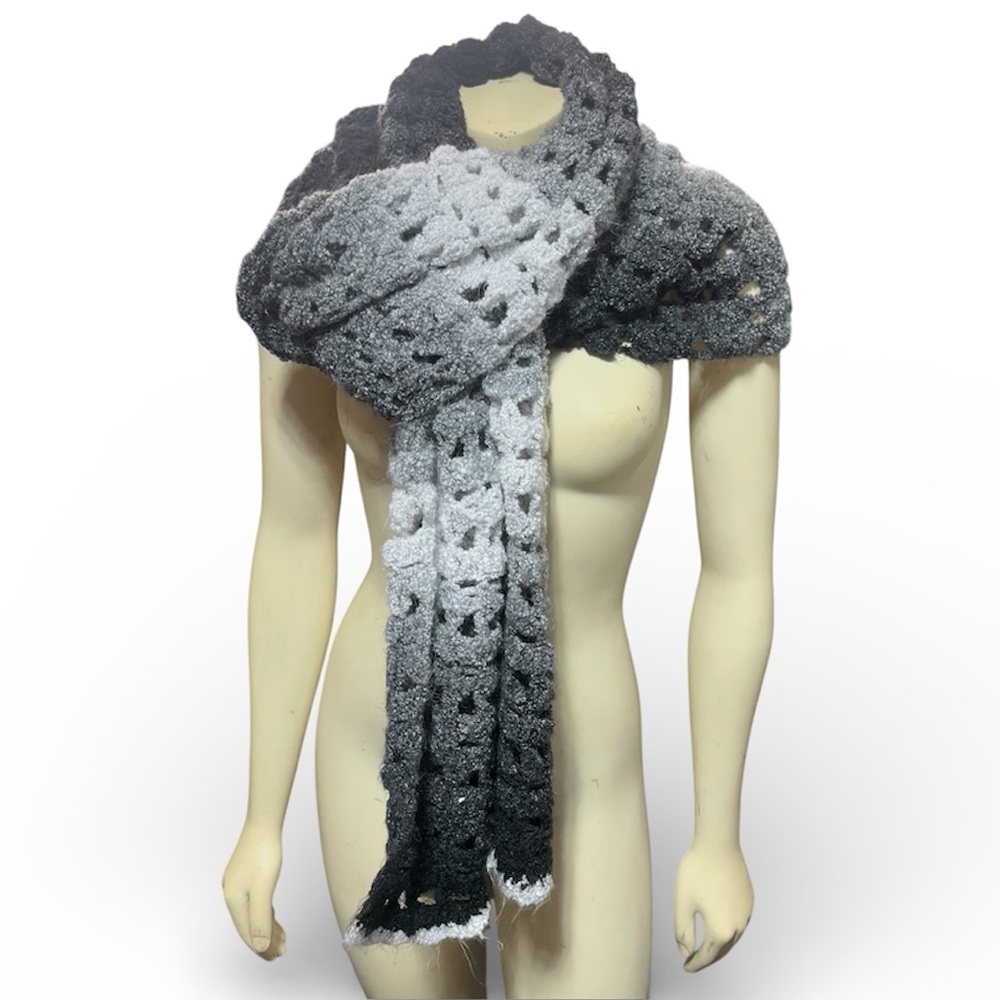 Gorgeous Hand Knit Ombré Scarf Extra Large Long Monochrome Neutral Grey Gray